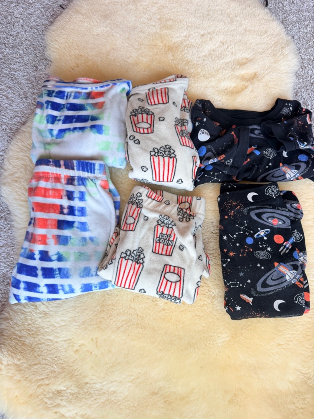 Bundle-Cozy Kids Pajama sets Popcorn, Space & Tie-Dye Prints Size 6